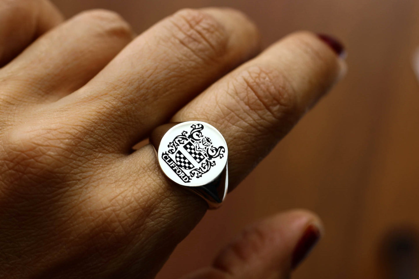 Sterling Silver Family Crest Signet Ring – Custom Engraved Coat of Arms Jewelry in Silver, Gold Plated or Rose Gold Plated