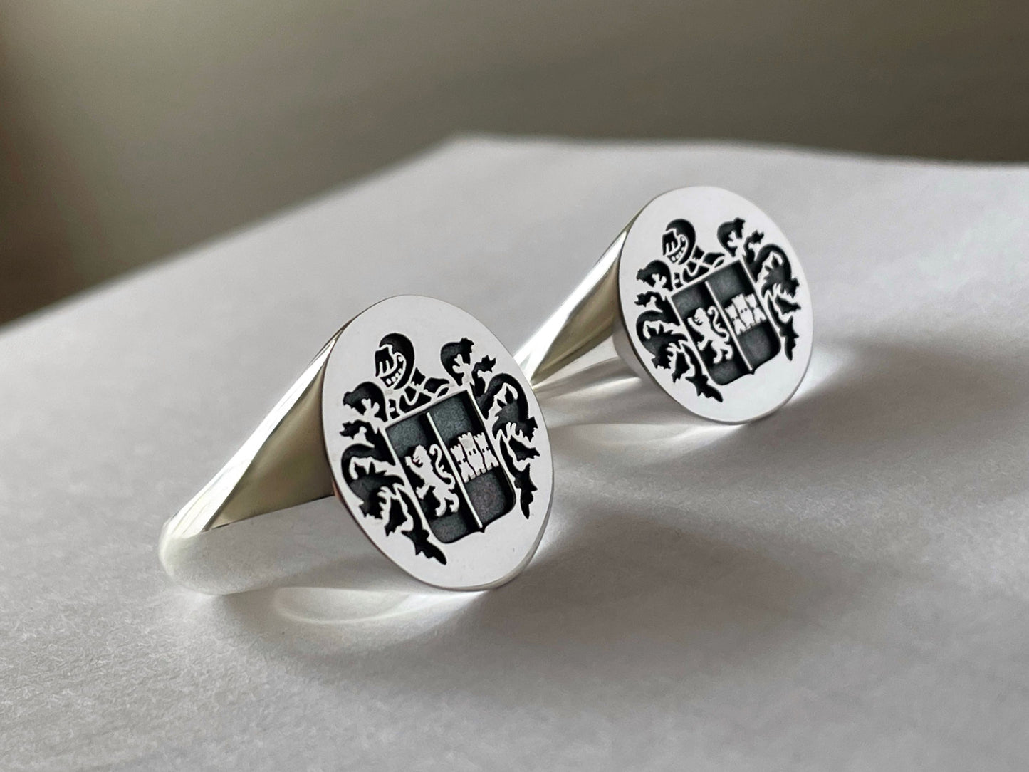 Sterling Silver Family Crest Signet Ring – Custom Engraved Coat of Arms Jewelry in Silver, Gold Plated or Rose Gold Plated