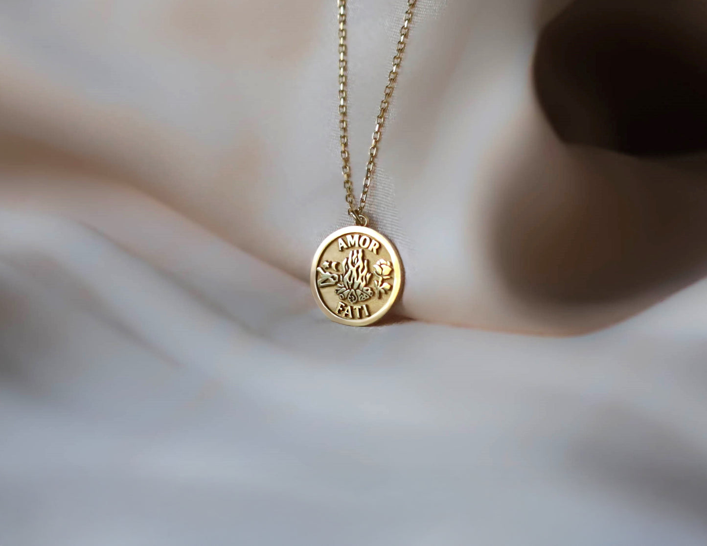 Solid Gold Amor Fati Necklace – Love of Fate Stoic Pendant in Gold or Silver