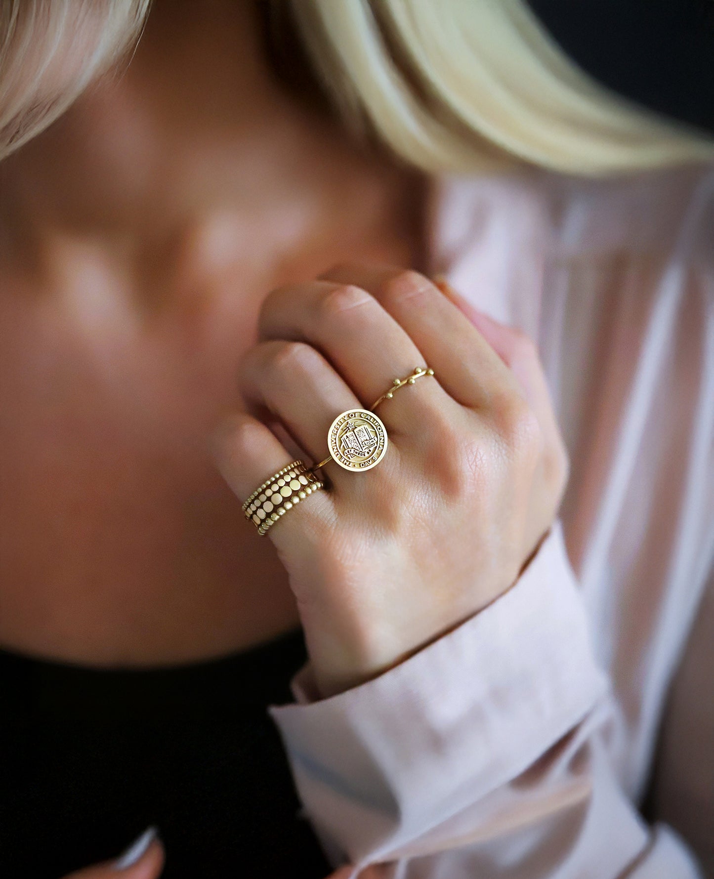 Solid Gold Dainty Class Ring for Women – Custom Engraved College Graduation Gift