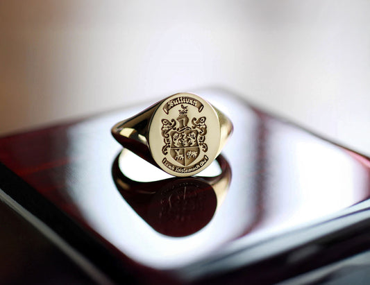 Solid Gold Family Crest Signet Ring – Custom Engraved Coat of Arms Jewelry Gift for Men, Father or Son
