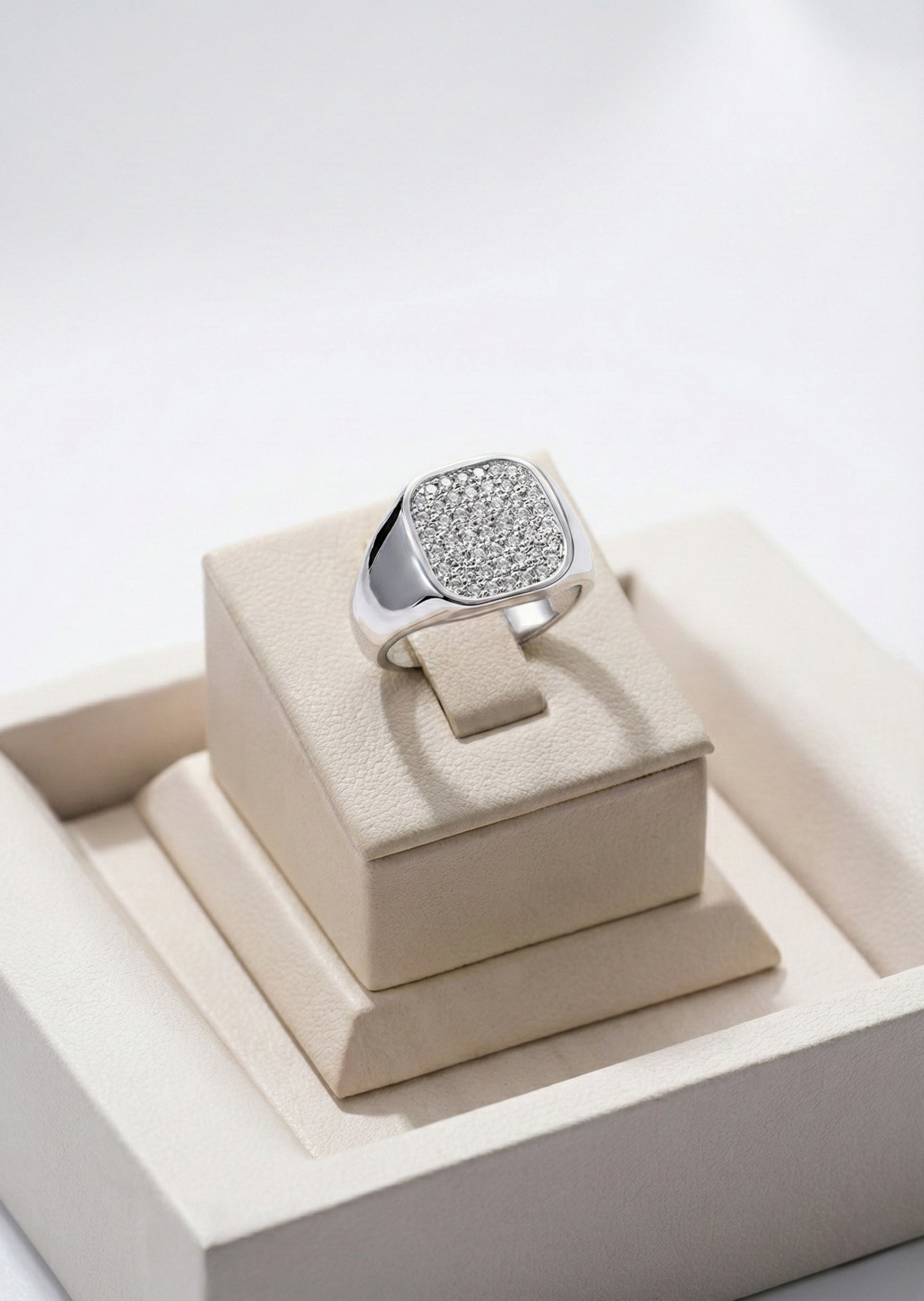 925 sterling silver square signet ring with paved stones.
