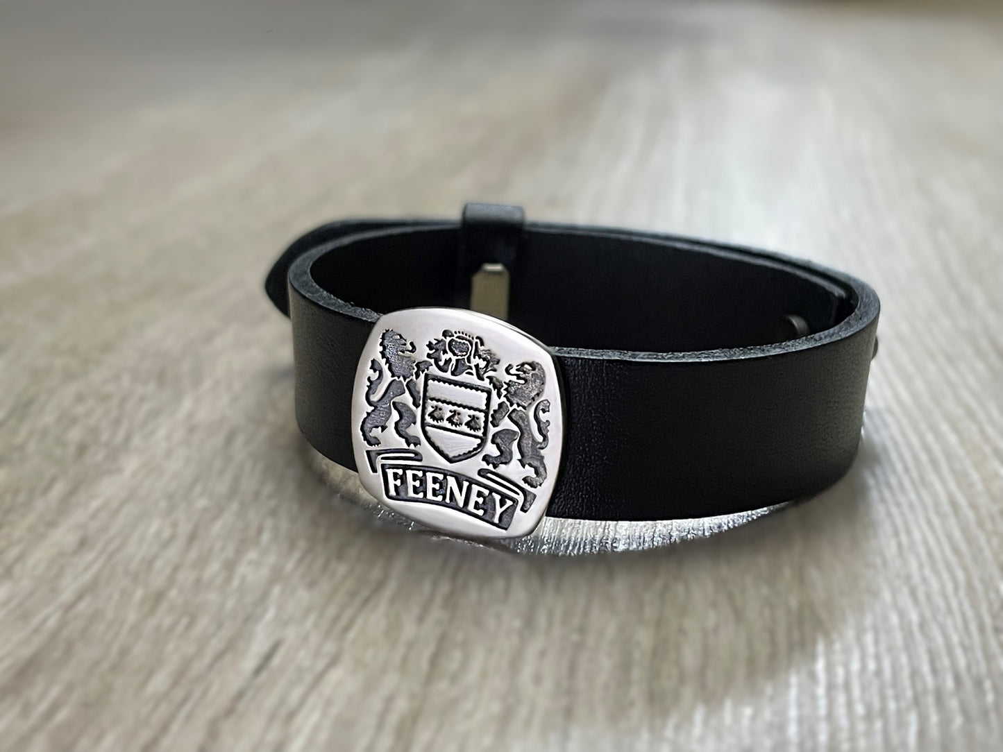 Custom Family Crest Men’s Bracelet – Coat of Arms Engraved Sterling Silver and Leather Bracelet, Personalized Heritage Jewelry Gift Bracelet for Him
