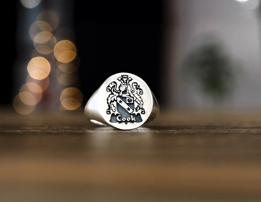 Sterling Silver Family Crest Signet Ring – Custom Engraved Coat of Arms Jewelry in Silver, Gold Plated or Rose Gold Plated