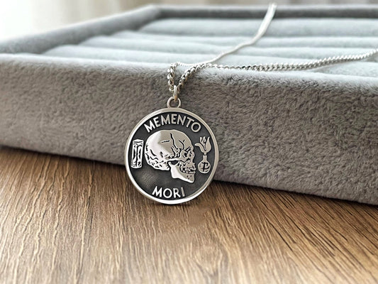 Sterling Silver Memento Mori Necklace – Engraved Stoic Philosophy Pendant