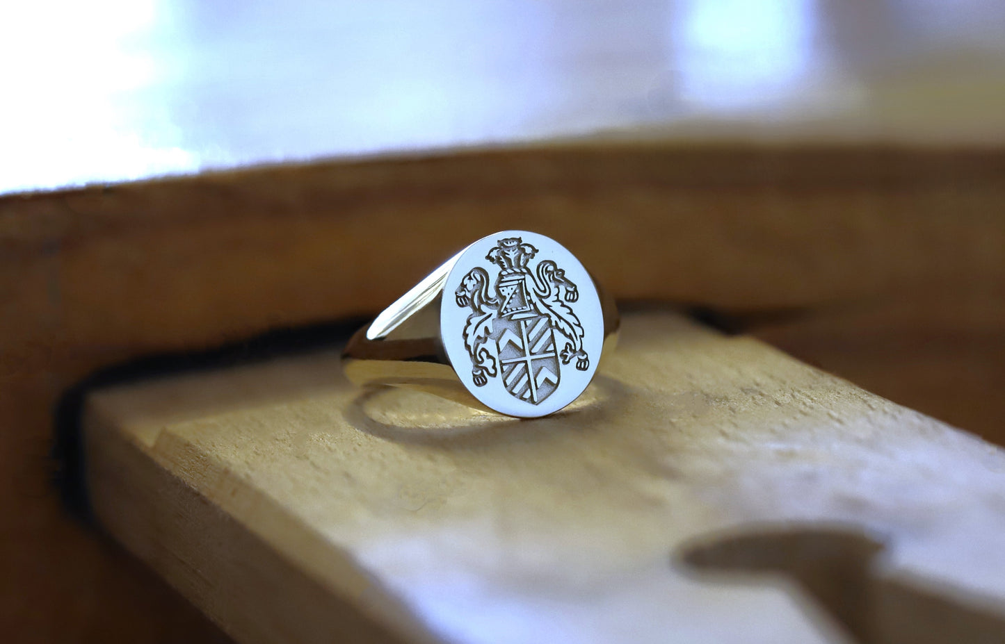 Solid Gold Family Crest Signet Ring – Custom Engraved Coat of Arms Jewelry Gift for Men, Father or Son