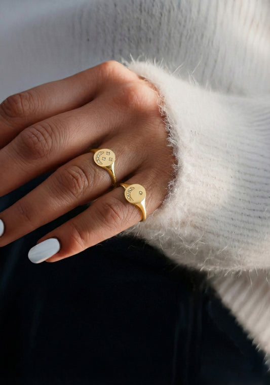 Gold Moon and Star Signet Rings