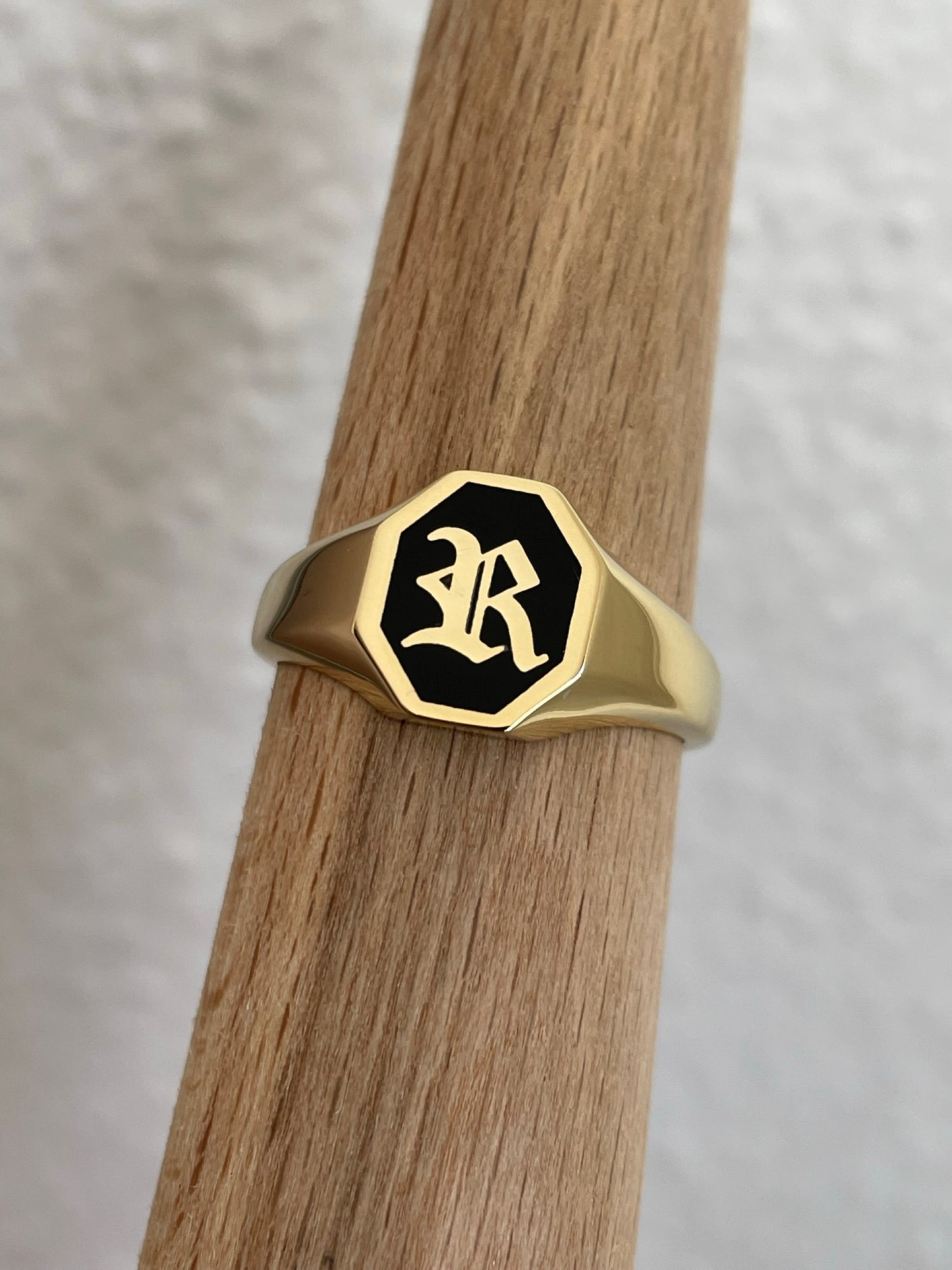Gold Black Enamel Initial Ring