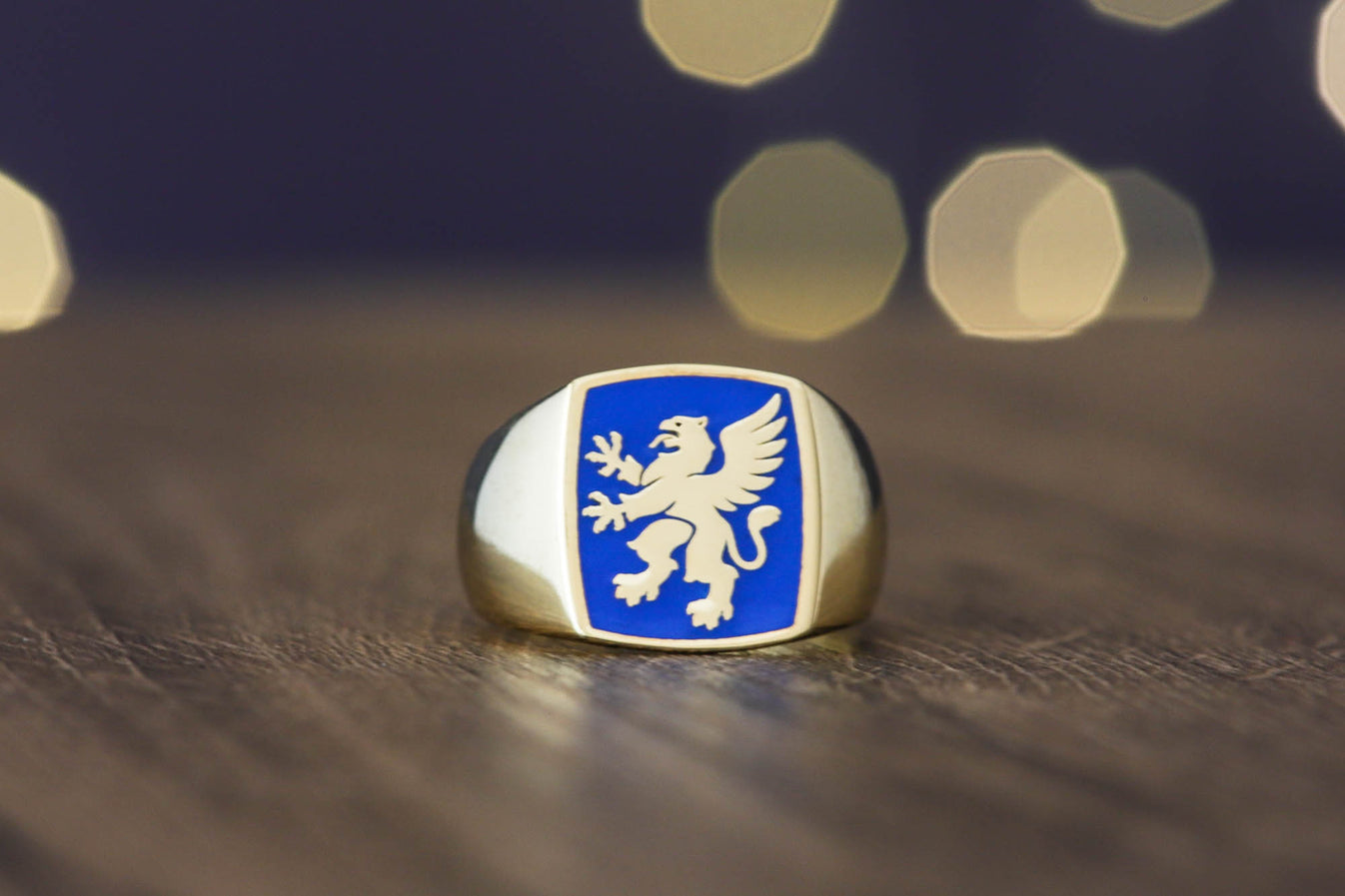 Blue Enamel Griffin Gold Ring, Cushion Ring, Gold
