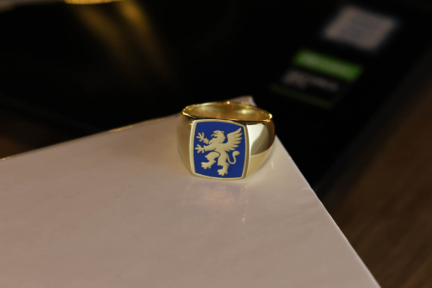 Blue Enamel Griffin Gold Signet Ring