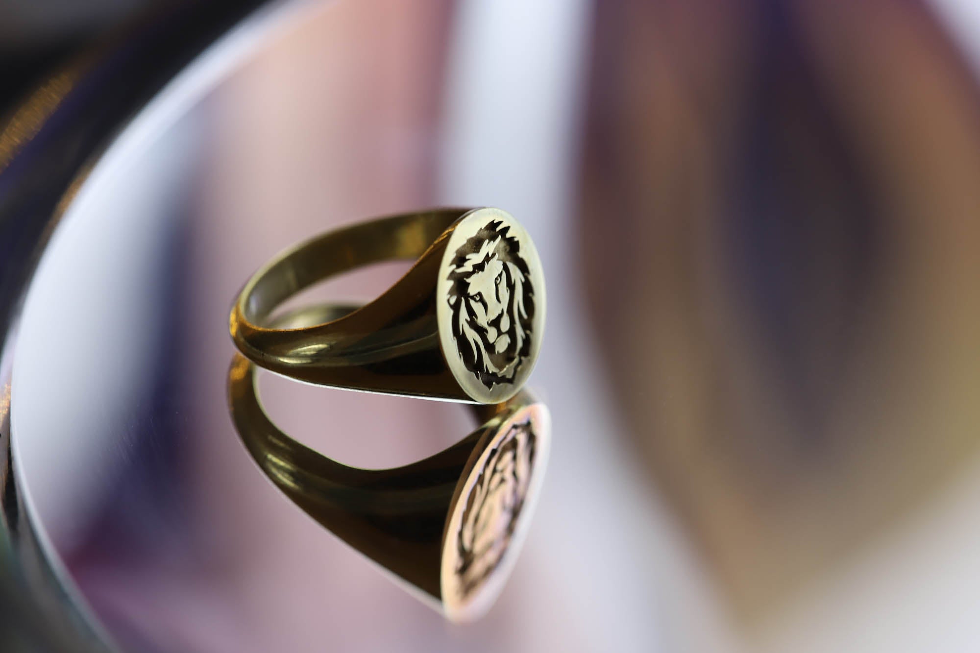 Mens Gold Plated Stainless Steel Lion Head Signet Ring 19mm Wide - Various Sizes