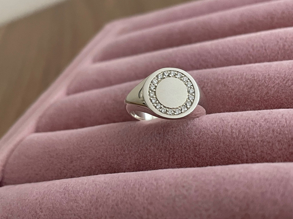 Signet Ring Rilver Diamond Sterling Silver Signet Ring, Diamond Signet Ring, Silver Signet ...