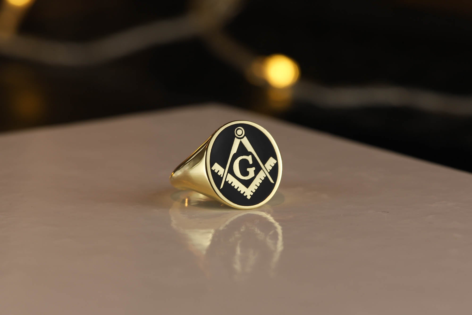 10K Yellow Gold 10x8mm Black Onyx Masonic Ring With 2 Symbols - Howard's DC